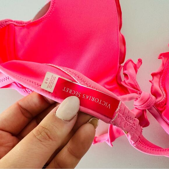 VS VICTORIAS SECRET Pink Ruffle Halter Tie Underwire Plunge Bikini Swim Top 36B - Picture 9 of 11
